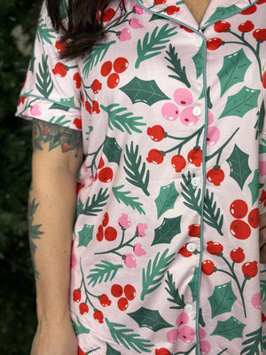 Shirley Button Down Lounge Set - Pink Yule Tide (Small - 3X)