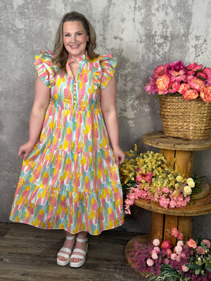 Painted Watercolor Ruffle Sleeve Dress