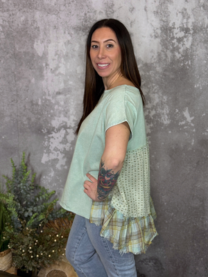 Dusty Sage Top with Ruffle Back Mixed Pattern Detail