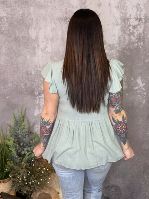 Sage Button Ruffle Sleeve Top