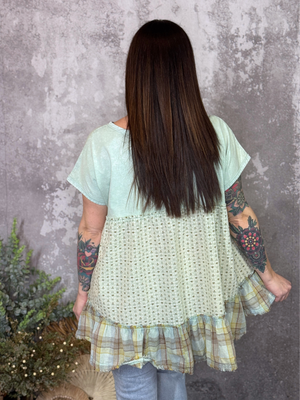Dusty Sage Top with Ruffle Back Mixed Pattern Detail