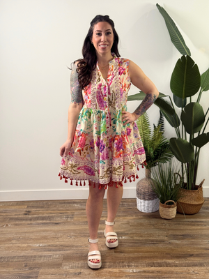 Multi Floral Boho Style Embelished Tank Dress