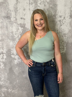 Ribbed One Shoulder Bodysuit - Sage (Small - 3X) - FINAL SALE