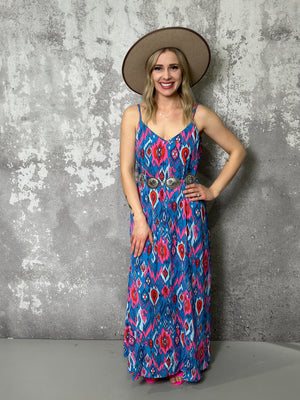 Blue/Red/pink Pattern Maxi Dress (Small - 2X)