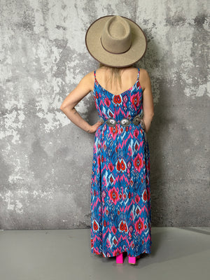 Blue/Red/pink Pattern Maxi Dress (Small - 2X)
