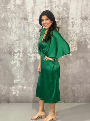 Green Satin Kimono Sleeve Dress - FINAL SALE