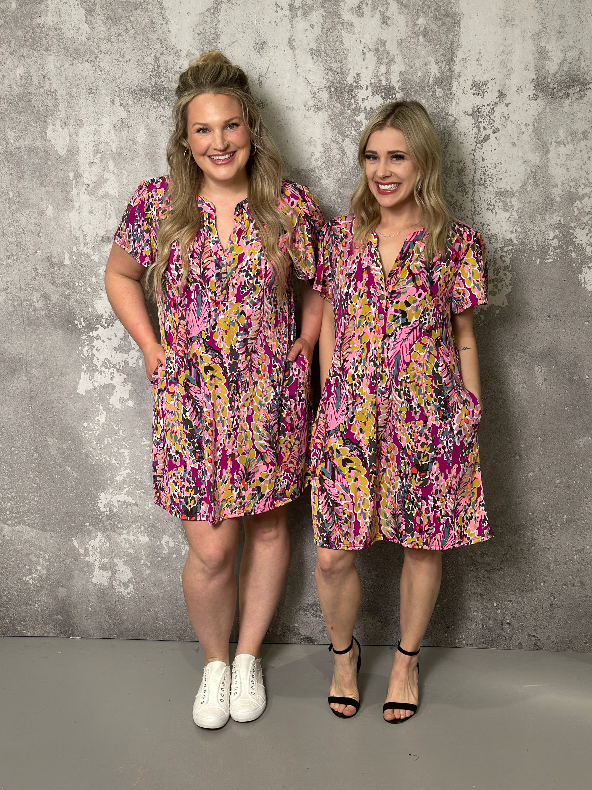Wrinkle Free Flirty Floral Dress with Buttons - Magenta (Small - 3X) - FINAL SALE