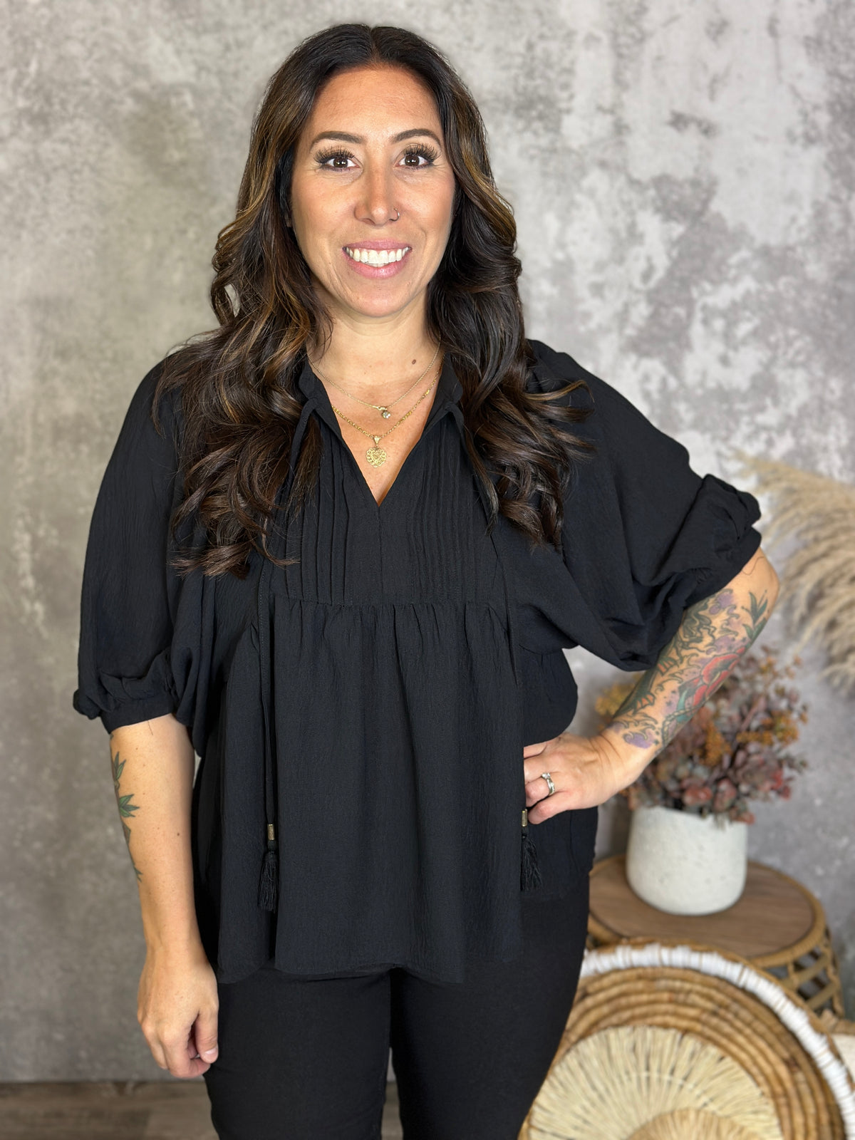 3/4 Sleeve Pleated Top  - Black (Small - 3X)