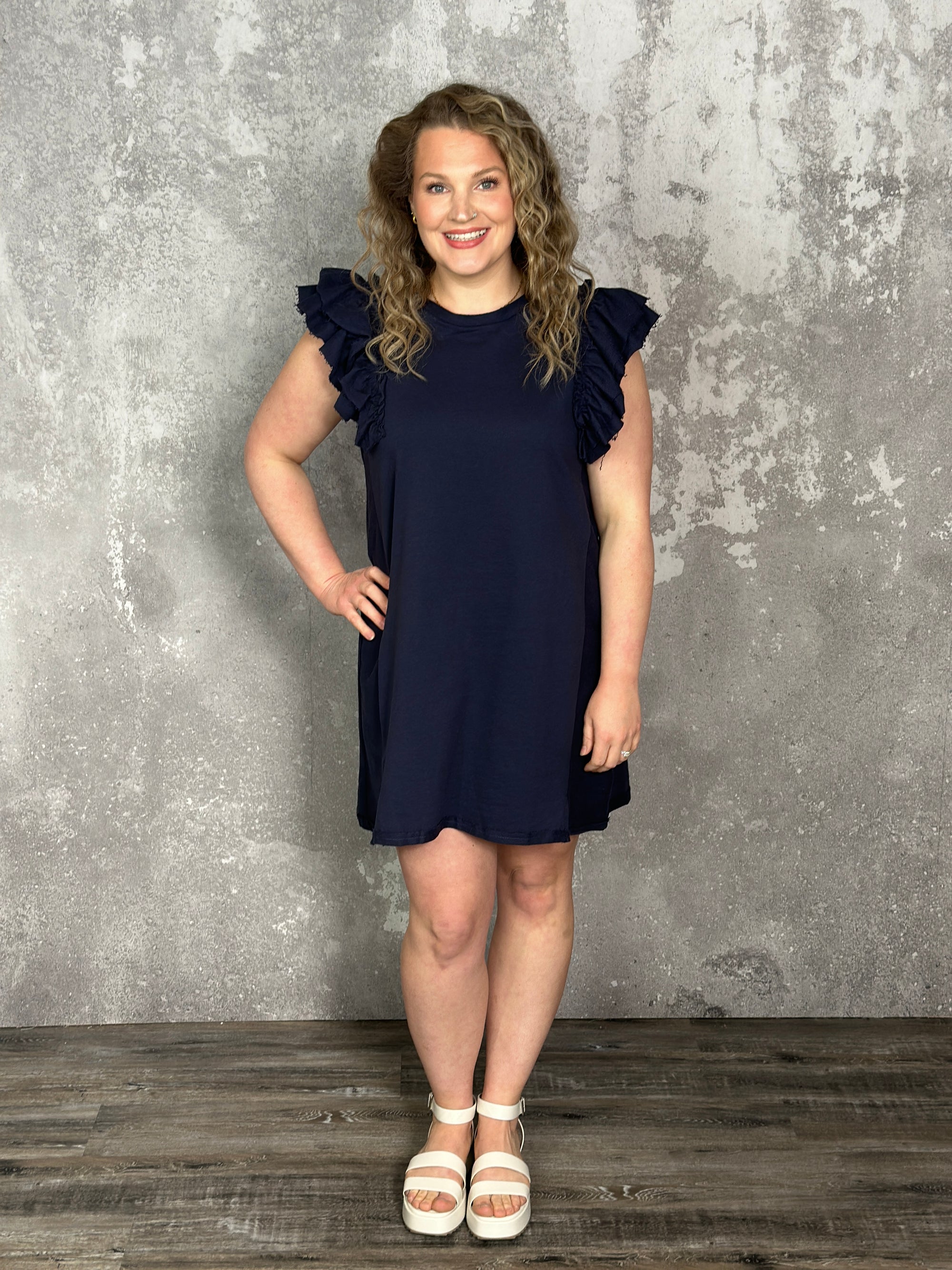 Mineral Wash French Terry Ruffle Sleeve Dress - Navy