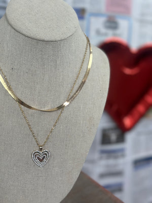 Gold Rhinestone Heart Layered Necklace