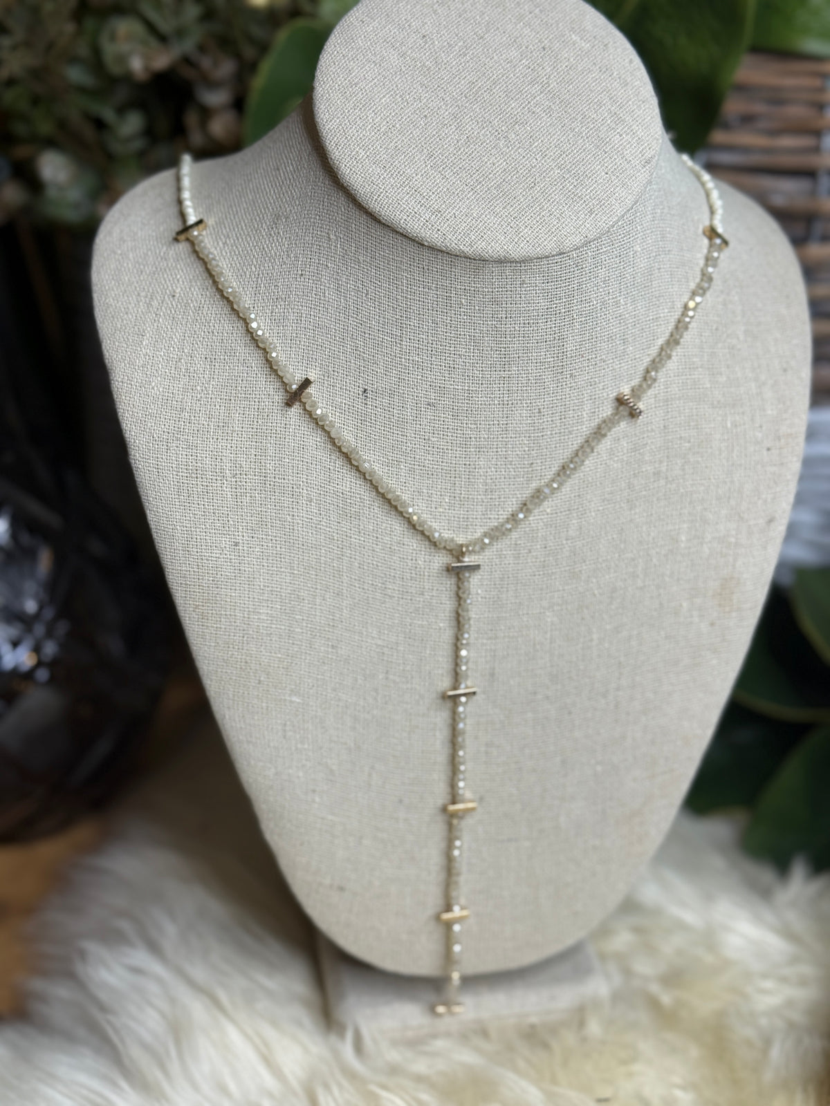 Long Ivory Layered Necklace with Gold Details