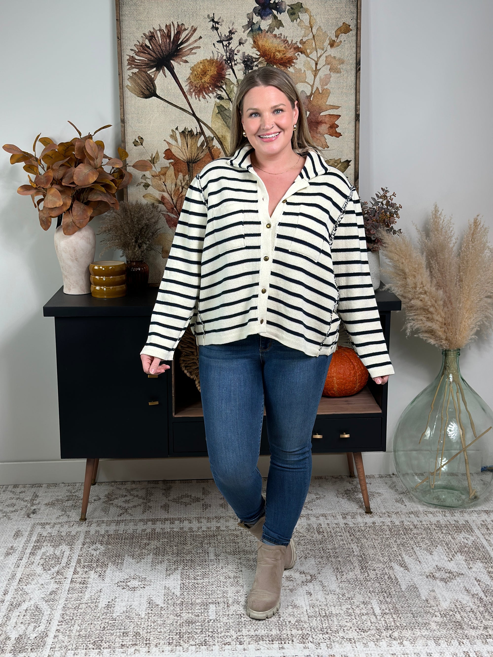 Striped Collar Button Up Sweater - FINAL SALE