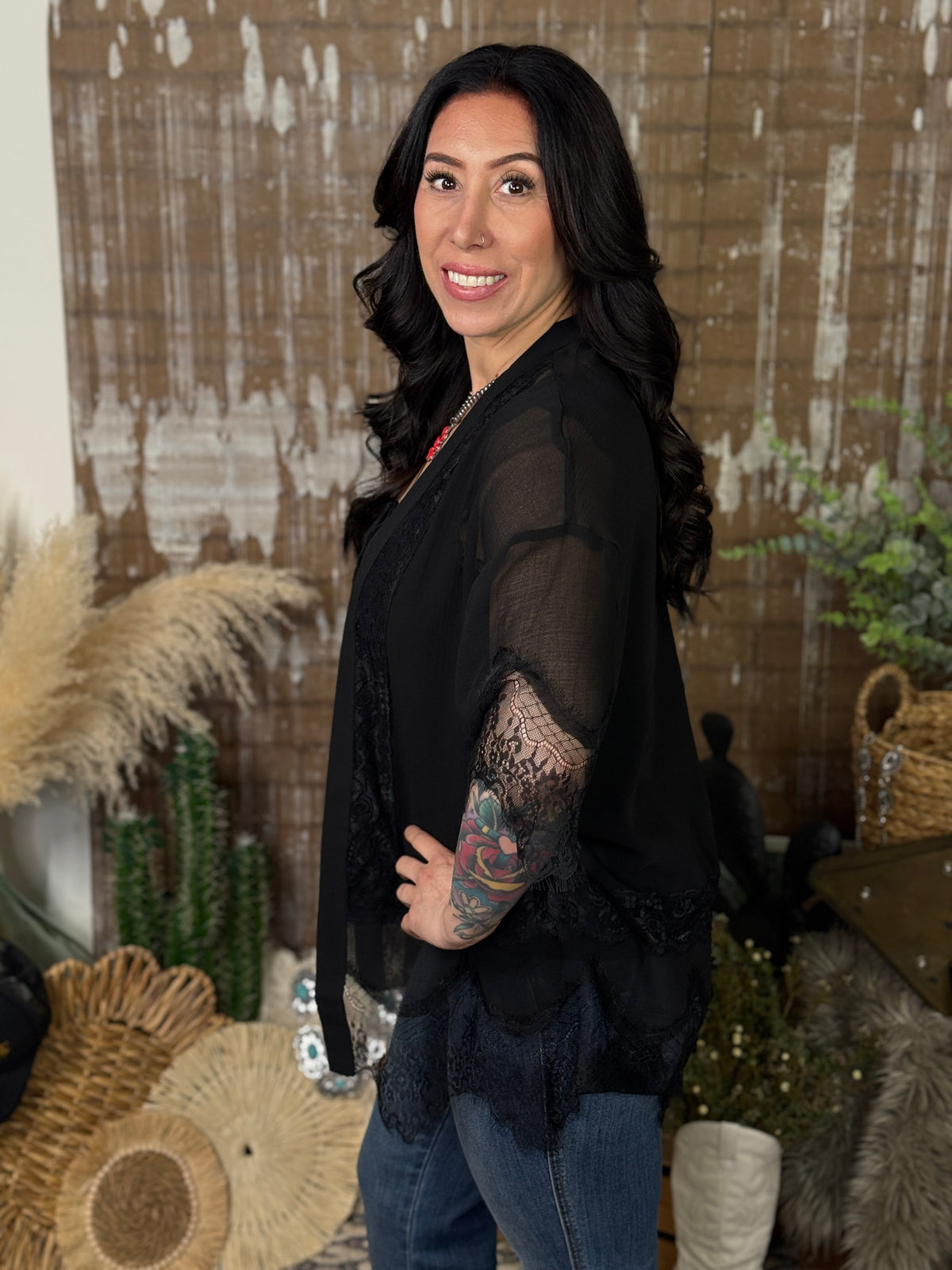 Lace Detail Black Kimono (Small - 3X)