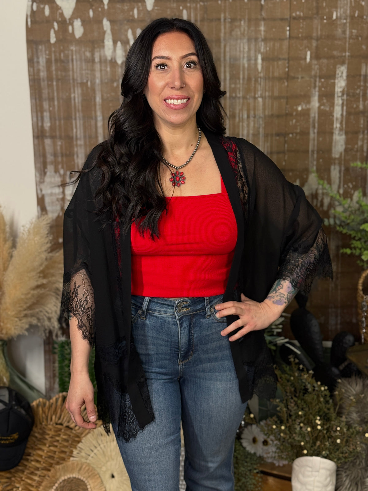 Lace Detail Black Kimono (Small - 3X)