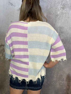 Lavender Blue Stripe Distressed Short Sleeve Sweater
