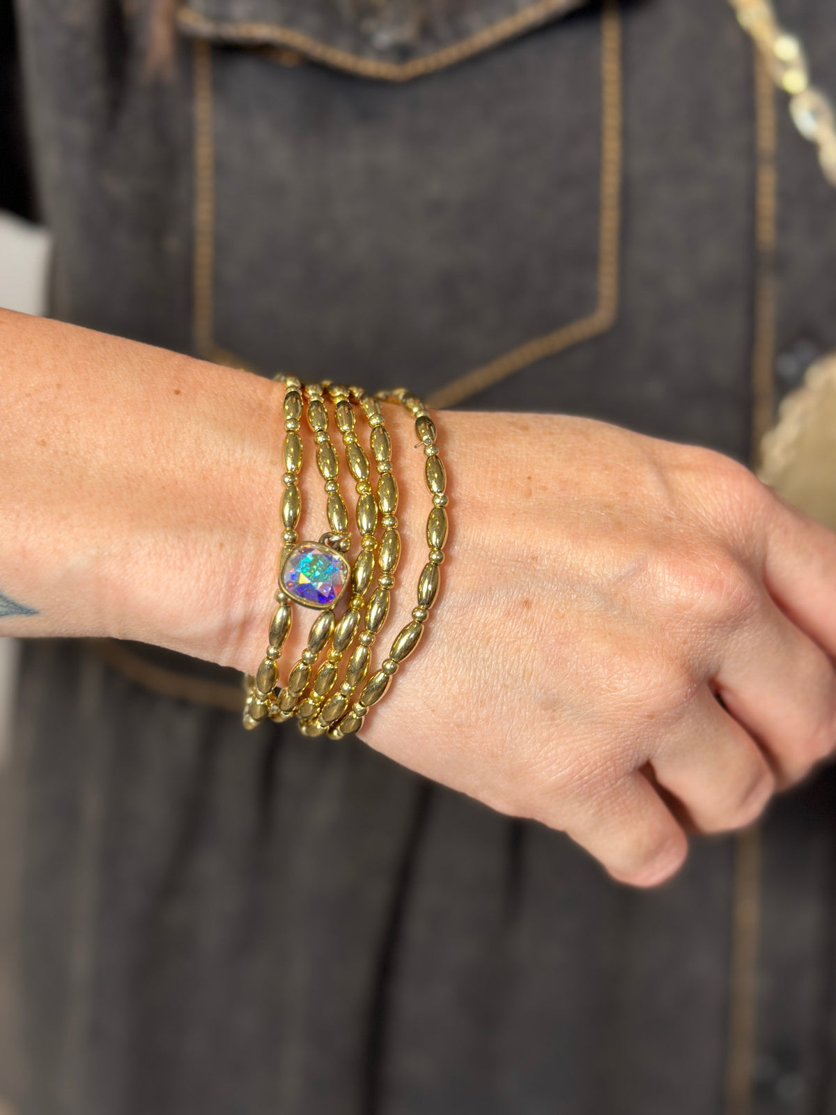 Gold Bead Stretch Bracelet with Charm