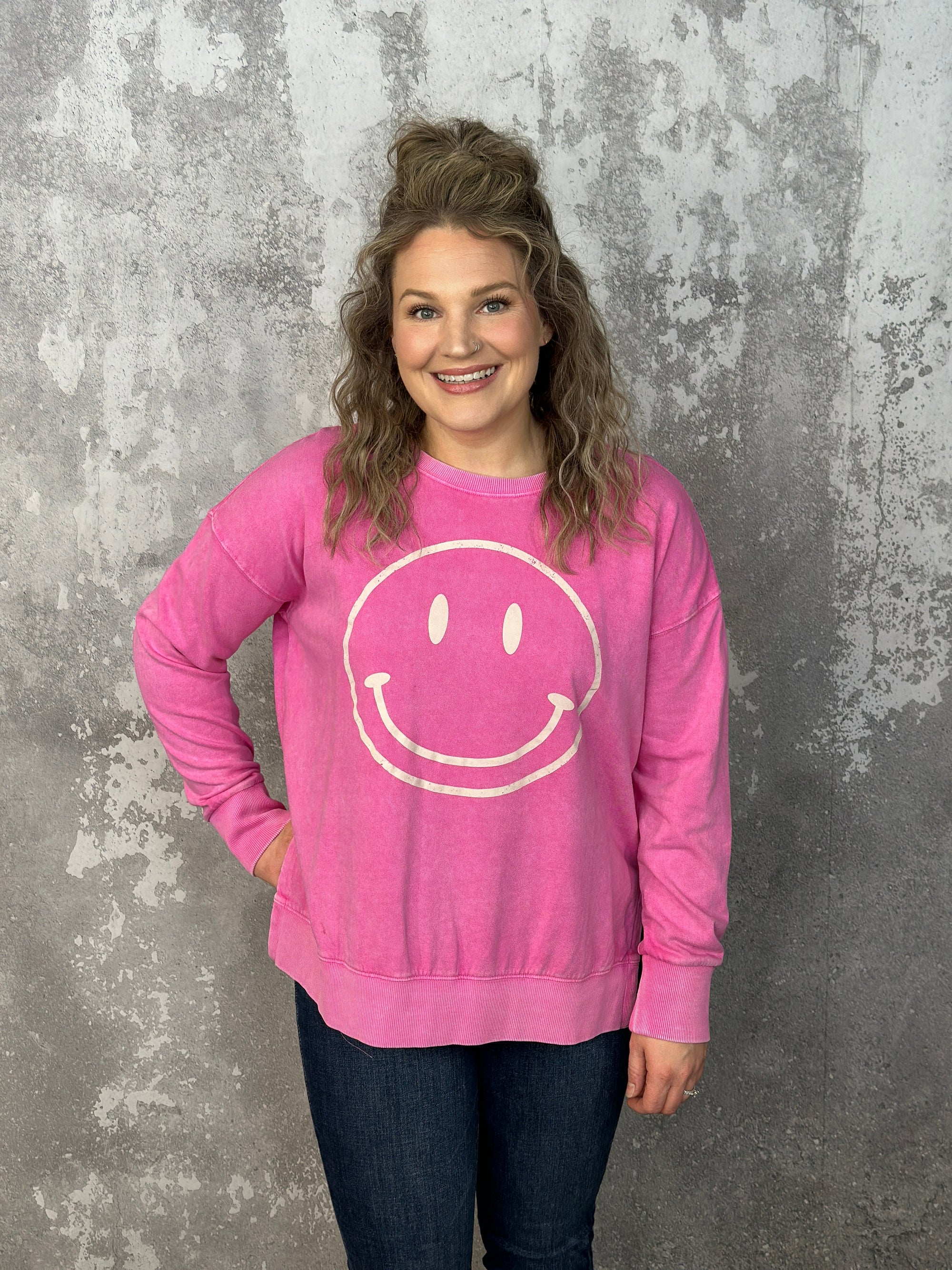 Distressed Happy Sweatshirt - Pink
