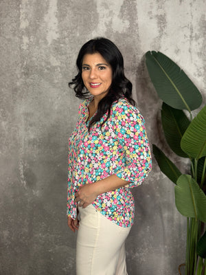 The Wrinkle Free Lizzie Top - Grey with Neon Micro Floral (Small - 3X)