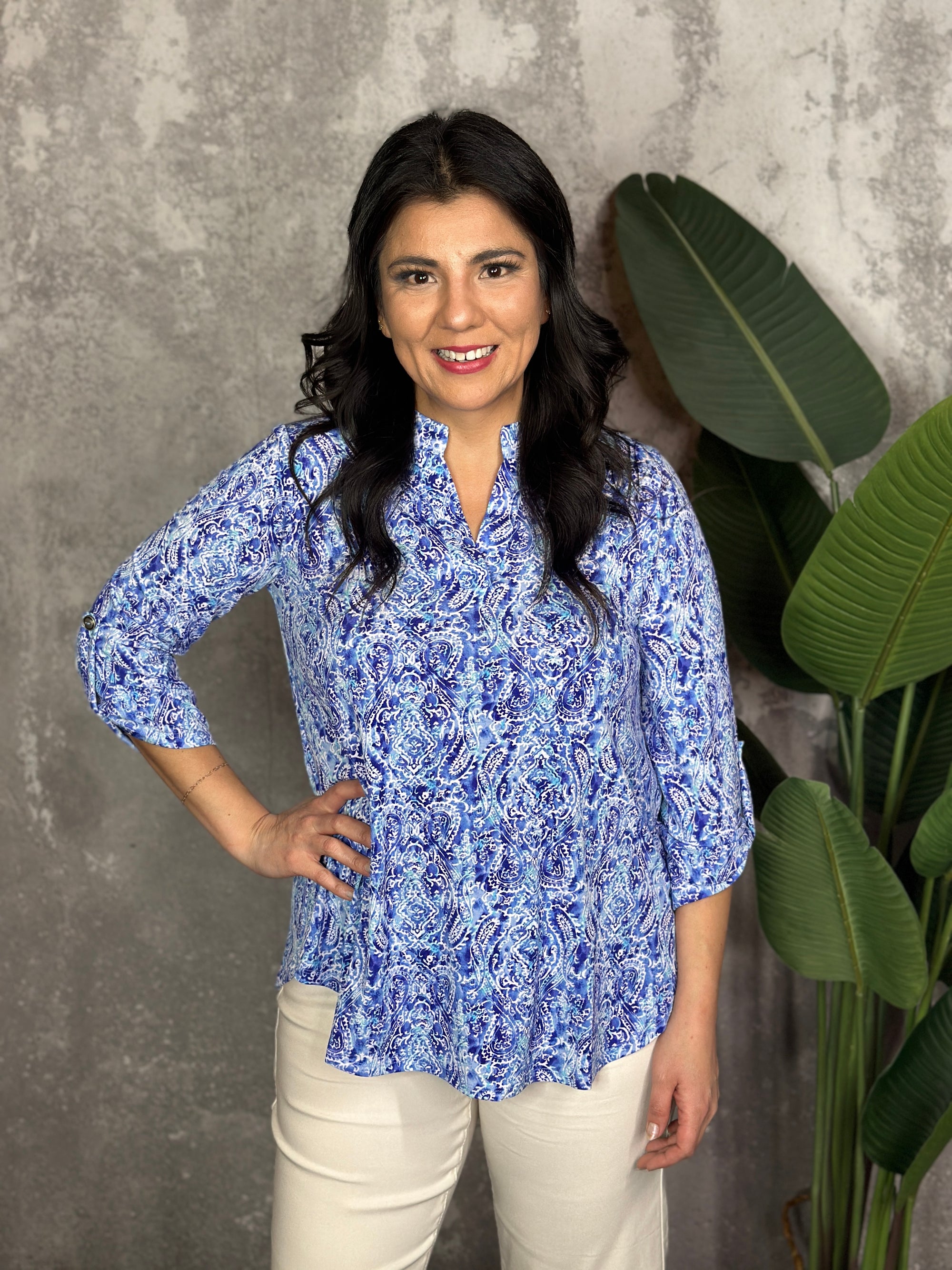 The Wrinkle Free Lizzie Top - Blue Paisley (Small - 3X)