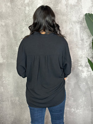 3/4 Sleeve Button Up Pocket AIrflow Top  - Black