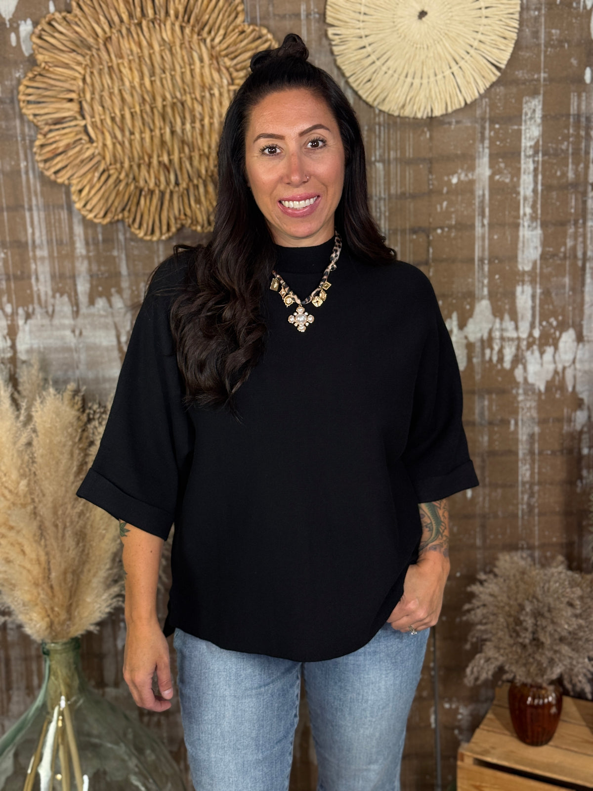 Black Mochneck 3/4 Sleeve Sweater (Small - 2X)