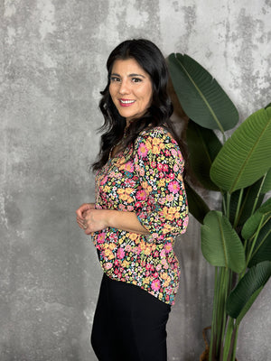 The Wrinkle Free Lizzie Top - Black with Multicolor Micro Florals (Small - 3X) RESTOCKED