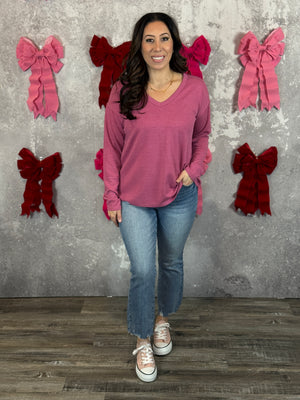 Waffle Long Sleeve Basic  (Small - 3X) - Berry