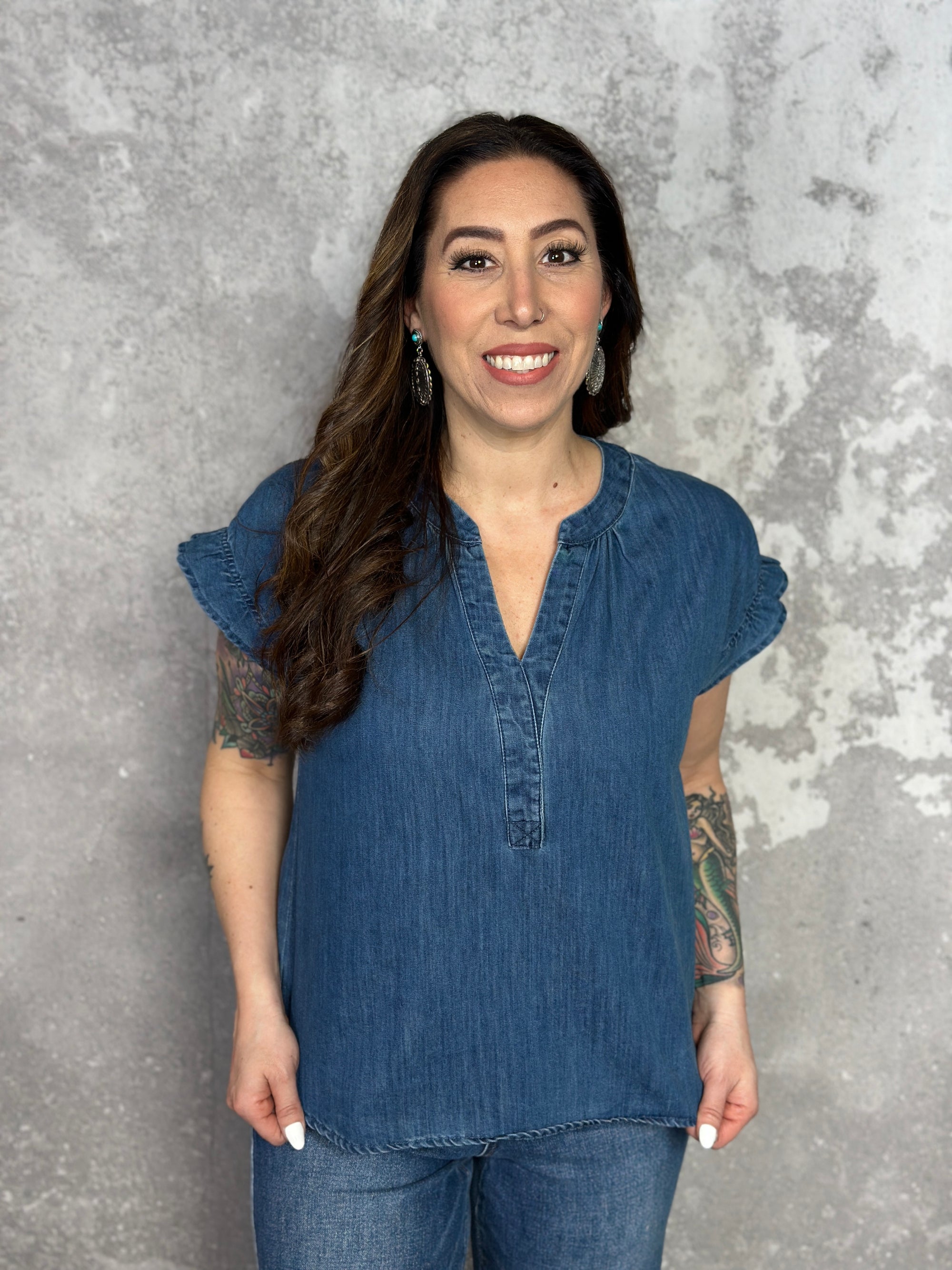 Dark Denim Top with Ruffle Sleeve