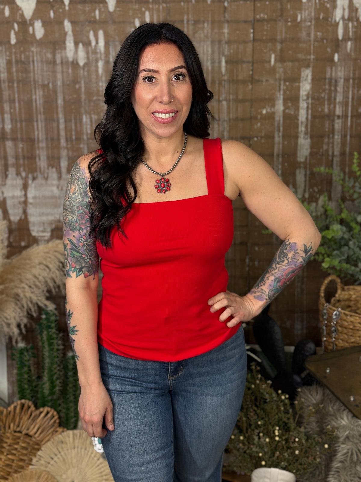 Square Neckline Tank - Red