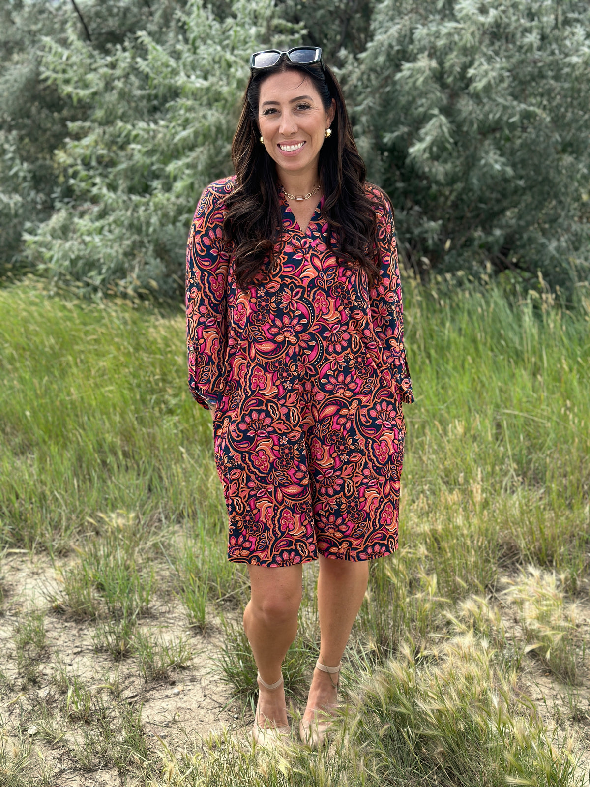 Teal with Rust and Magenta Print Gabby Dress- (Small - 3X)