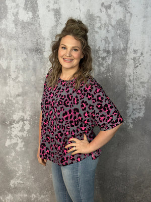 Neon Pink/Grey Leopard Short Sleeve Wrinkle Free Top (Small - 3X)