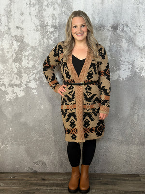 Caramel Aztec Cardigan with Optional Belt