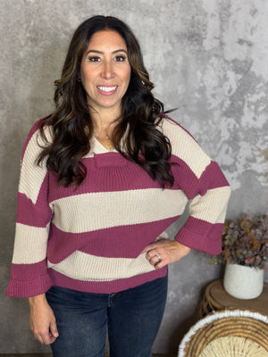 Stripe Sutton Sweater - Berry (Small - 2X)