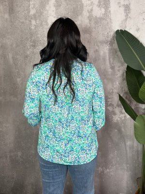 The Wrinkle Free Lizzie Top - Teal with Blue and Green Micro Floral (Small - 3X) RESTOCKED