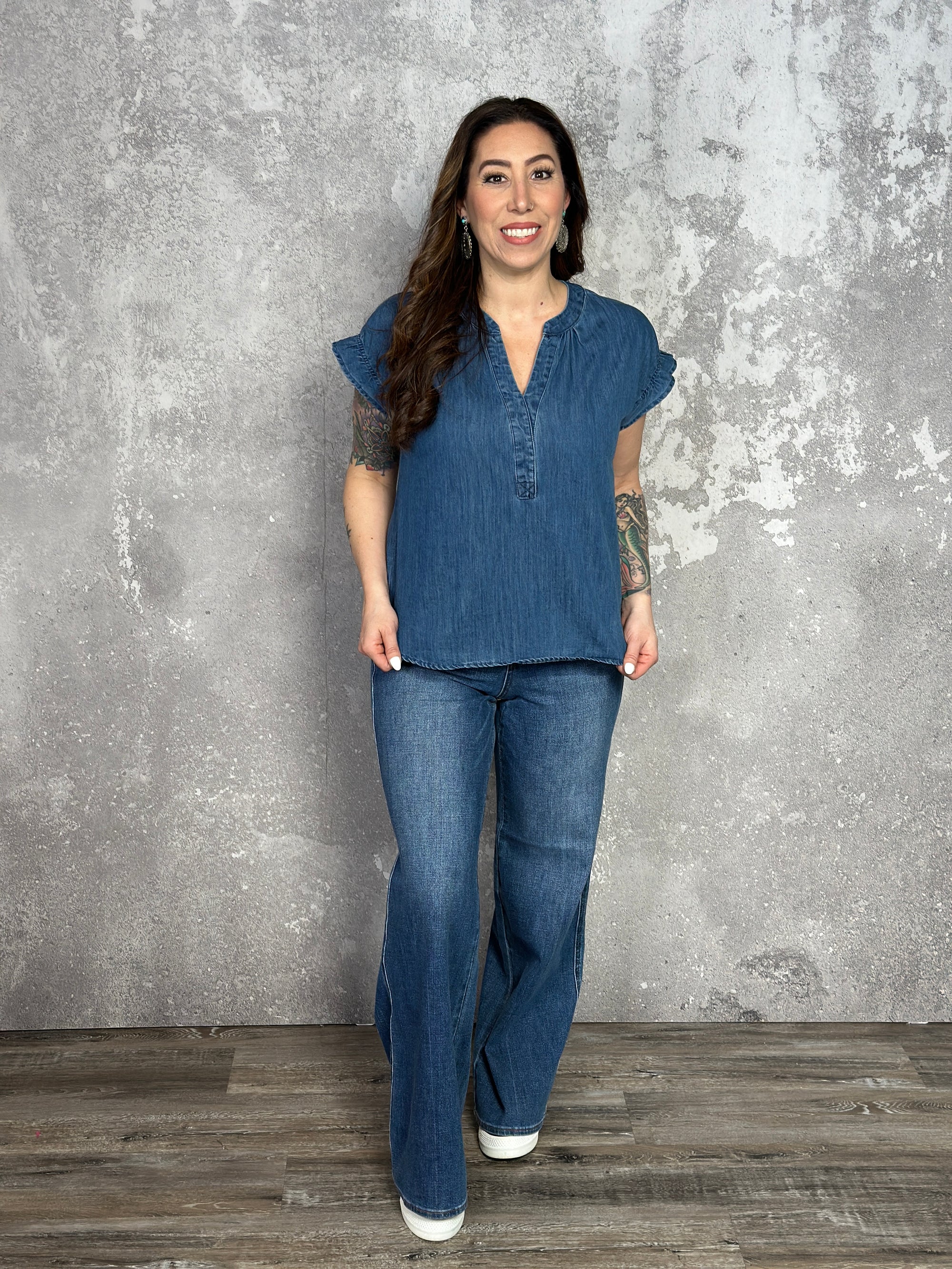 Dark Denim Top with Ruffle Sleeve