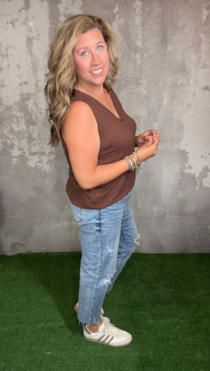Vneck Pocket Tank - Brown (Small - 3X)
