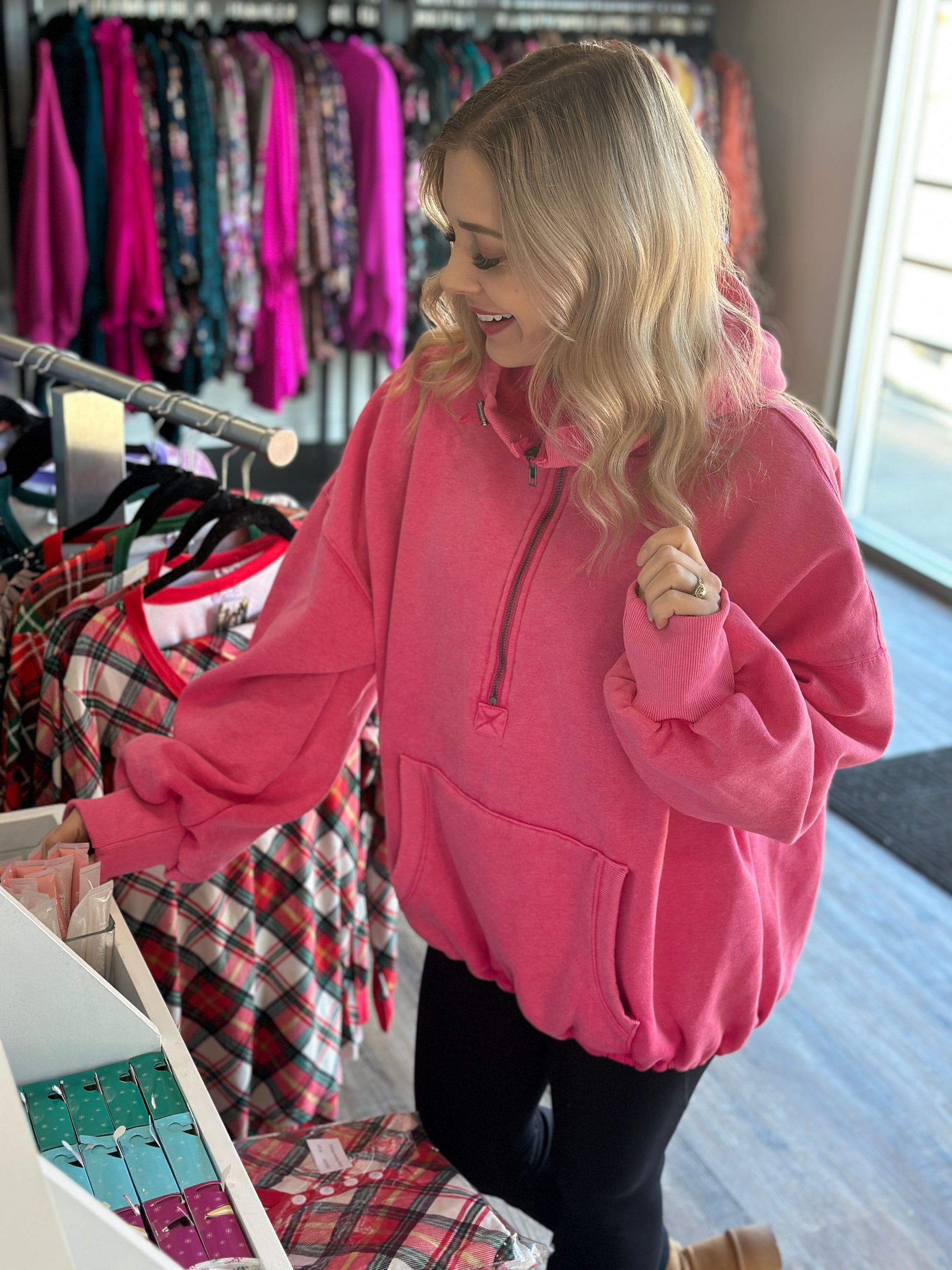 Fleece Lined Bomber Sweatshirt with Hood - Vintage Pink