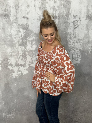 Rust Long Sleeve Smocked Floral Top