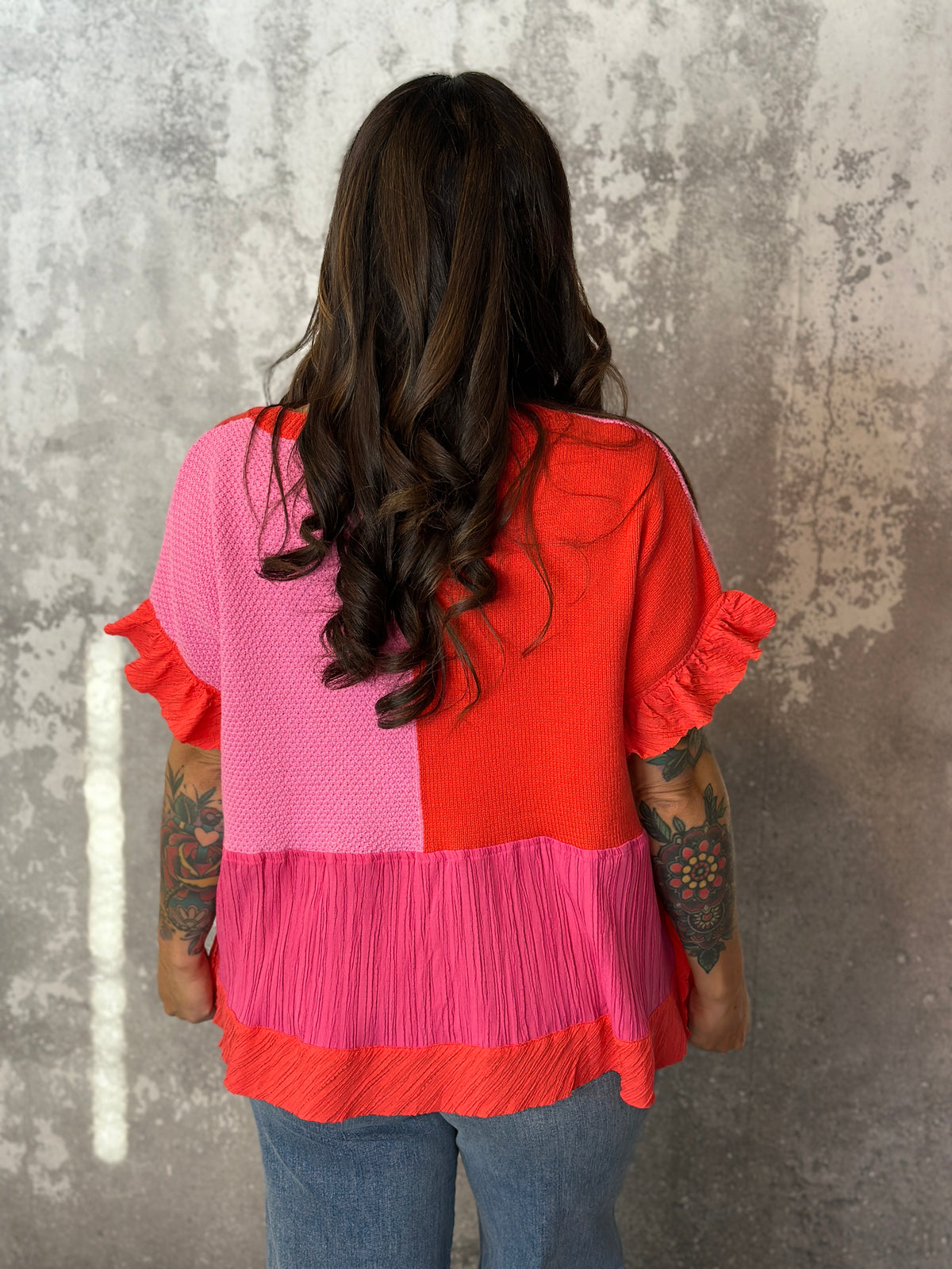 Orange and Pink Colorblock Knit top with Ruffle (Small - 3X)