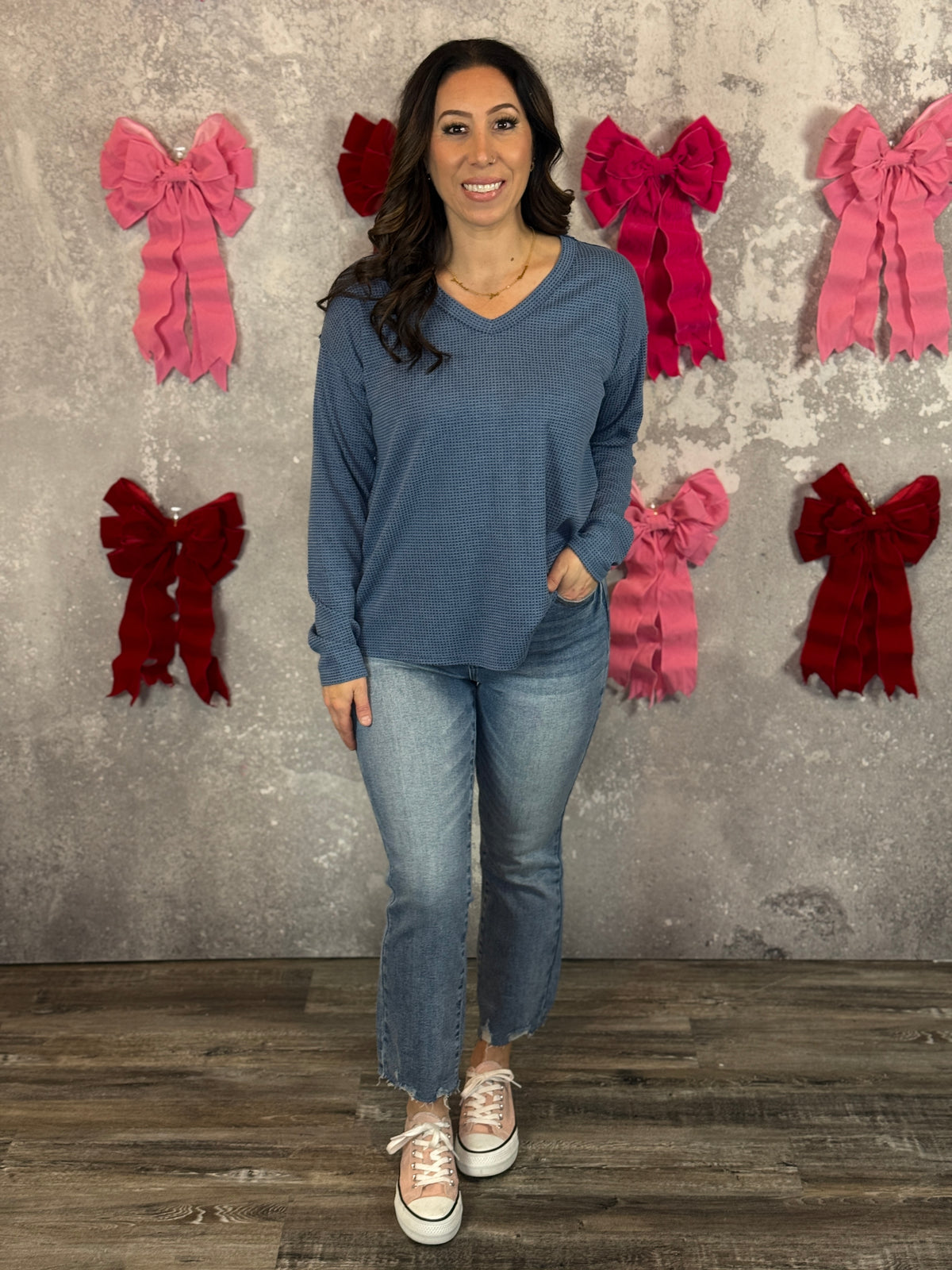 Waffle Long Sleeve Basic  (Small - 3X) - Navy