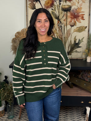 Forest Green Striped Sweater with Buttons and Reverse Hem