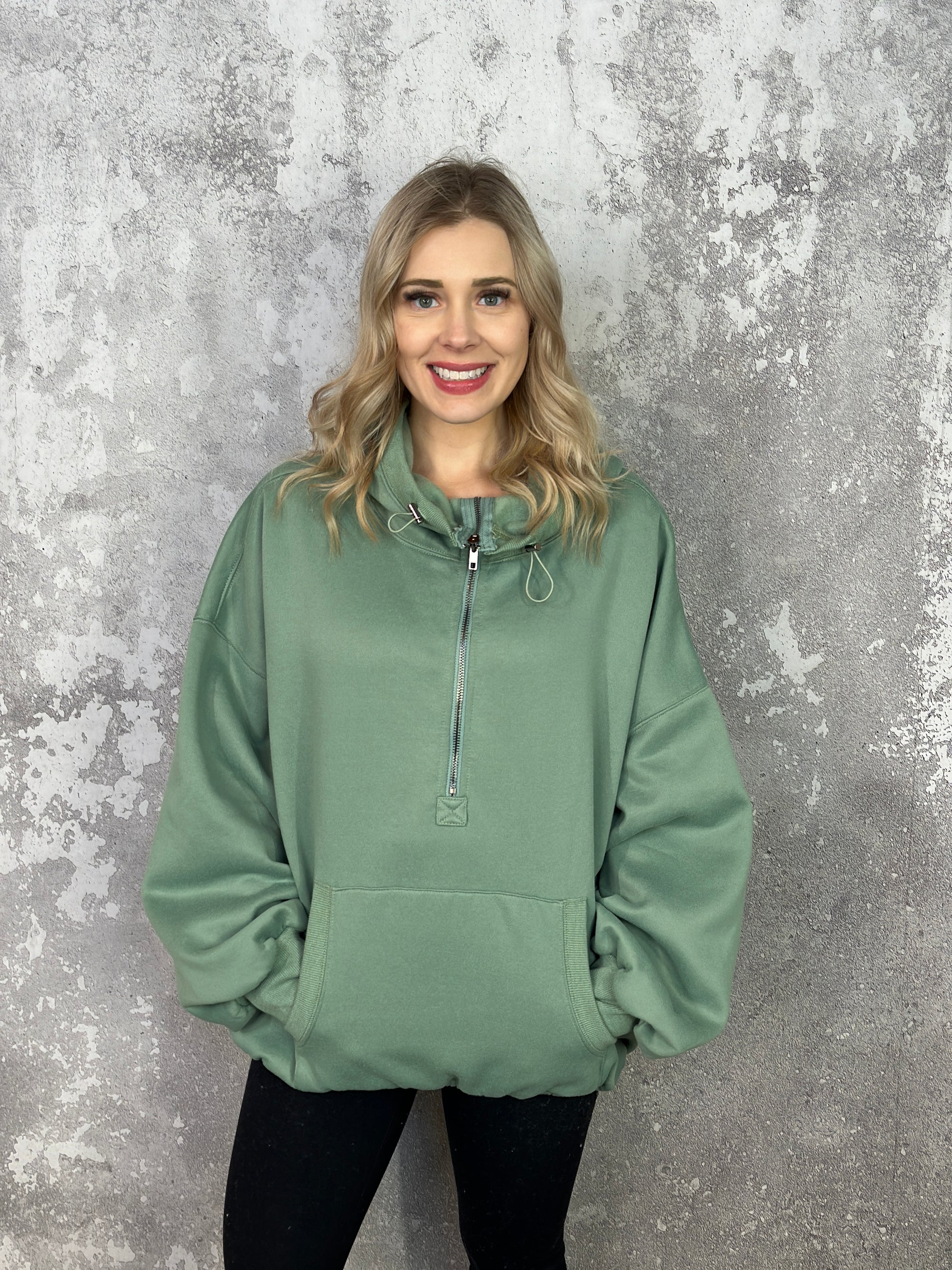Fleece Lined Bomber Sweatshirt with Hood - Sage