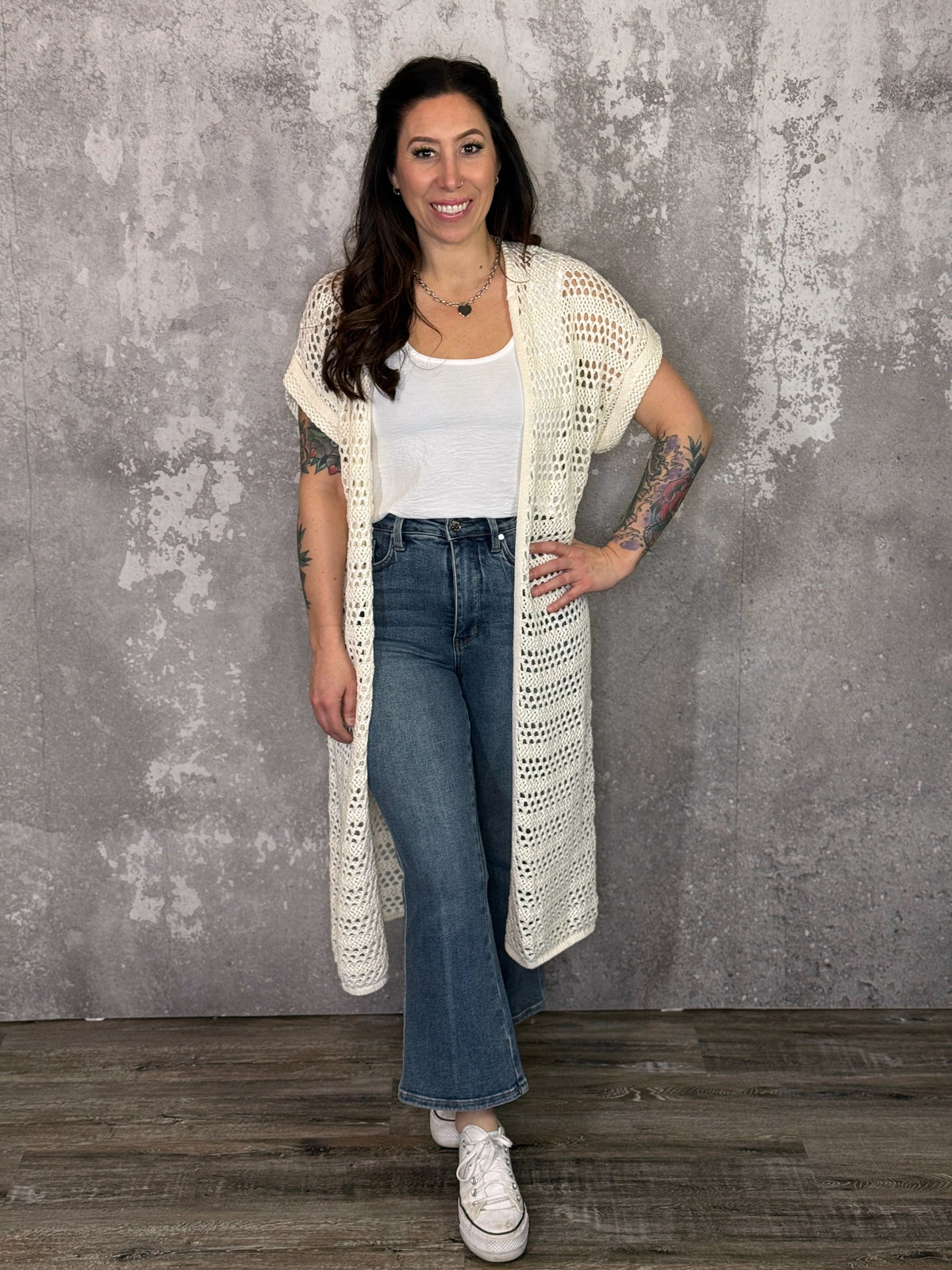 Crochet Ivory Short Sleeve Cardigan Duster