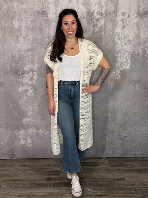 Crochet Ivory Short Sleeve Cardigan Duster