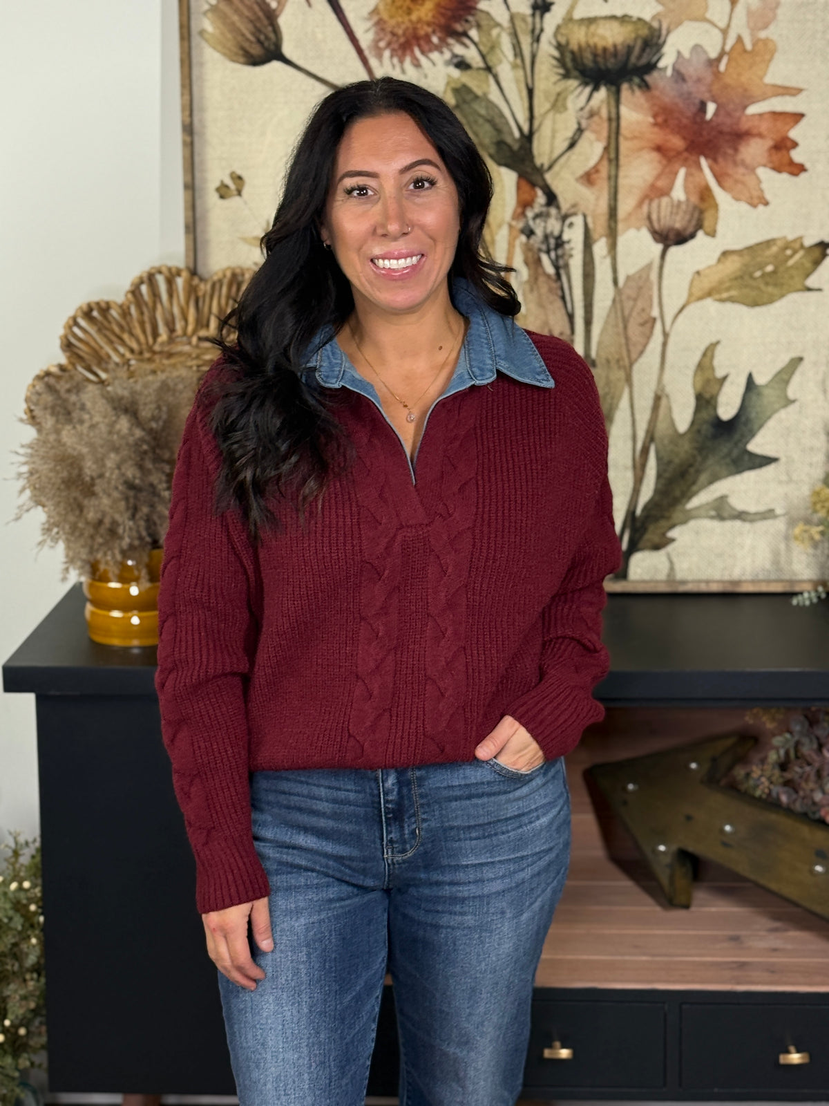 Denim Collared Sweater - Burgundy (Small - 2X)