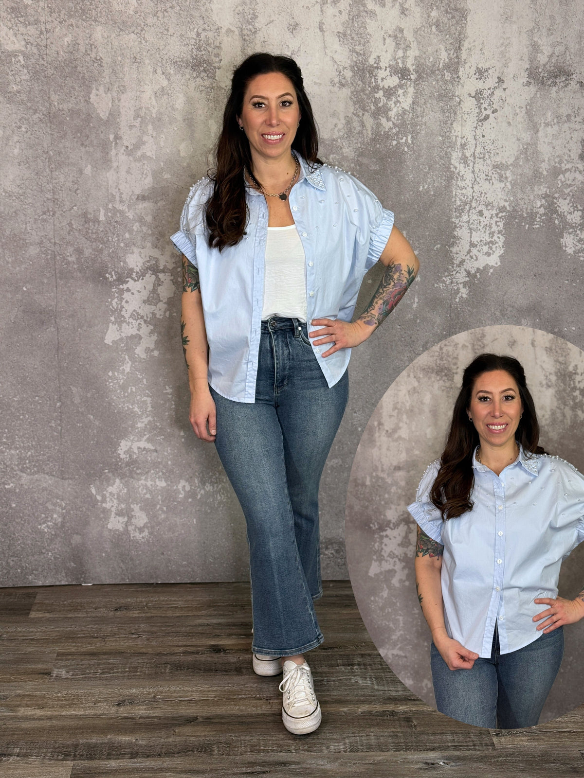 Light Blue Pearl Collared Top (Small - 3X)