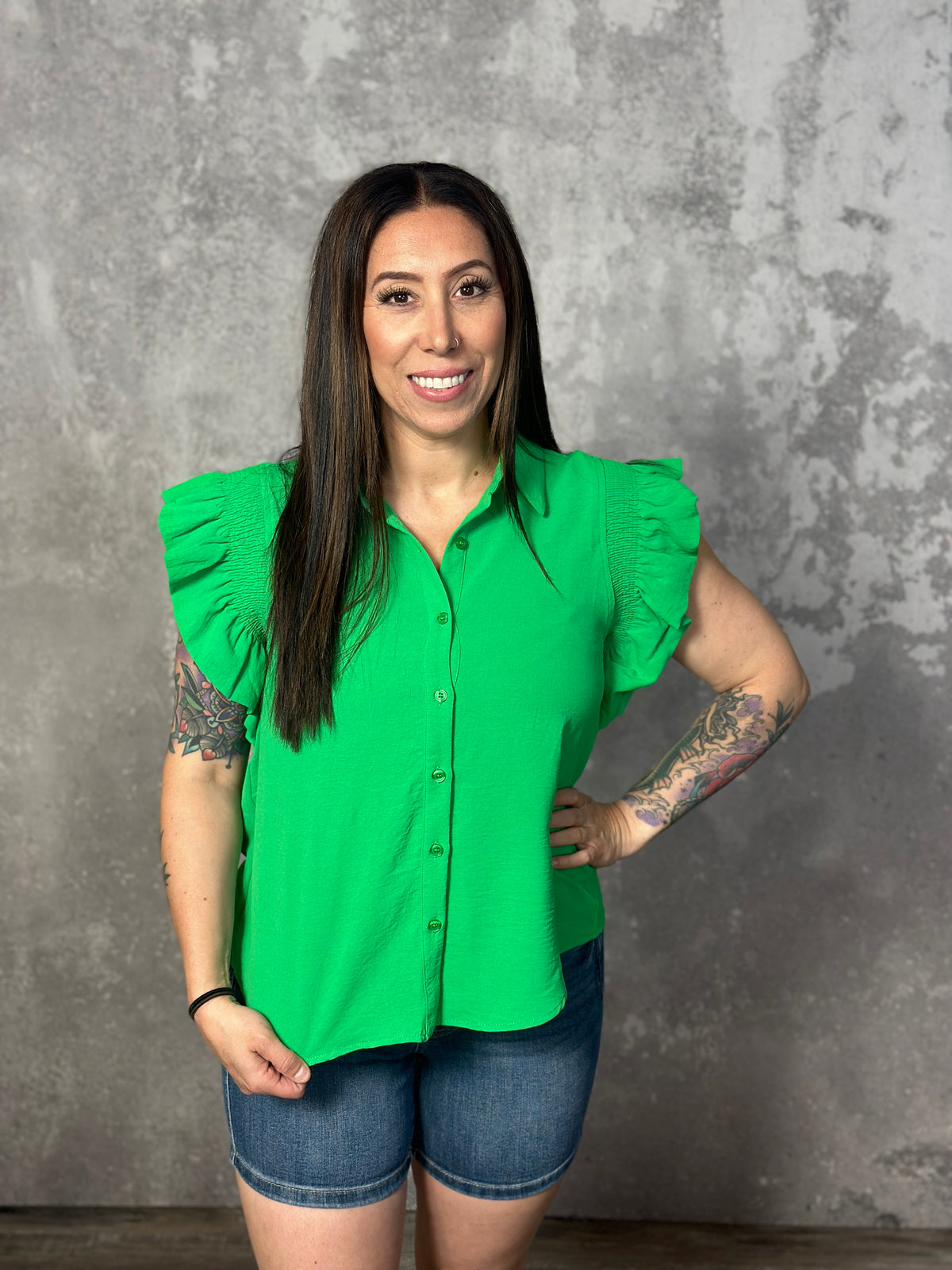 The Rebecca Ruffle Sleeve Top - Green