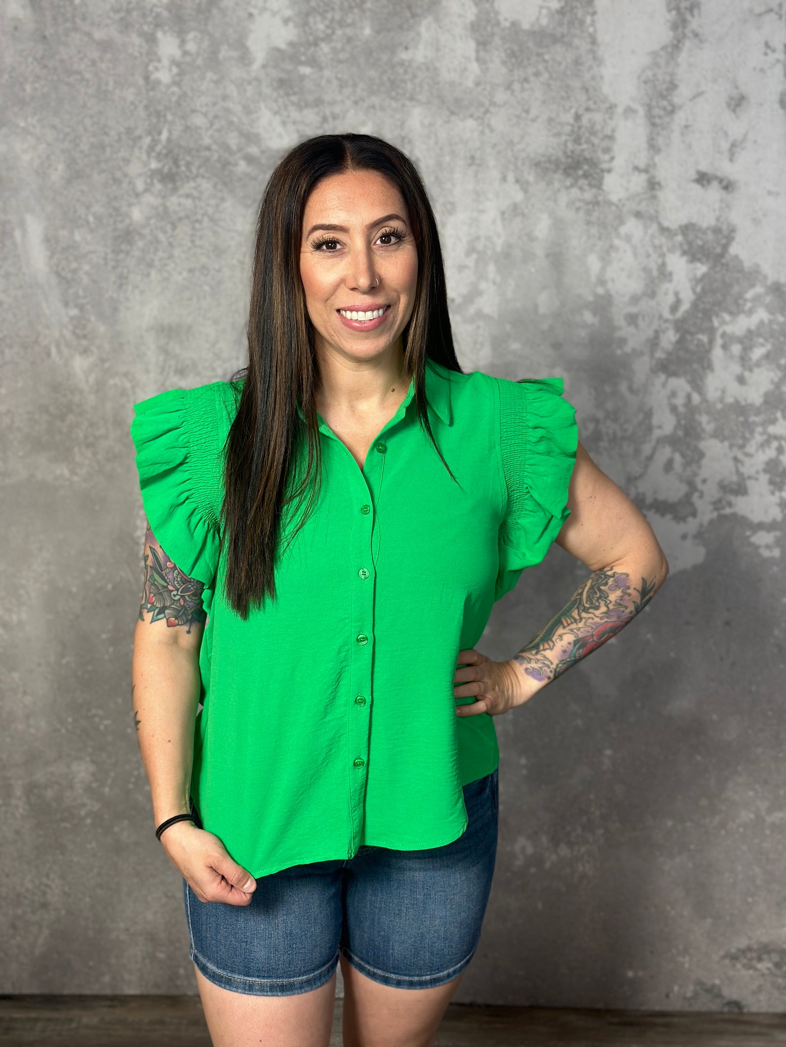 The Rebecca Ruffle Sleeve Top - Green-FINAL SALE