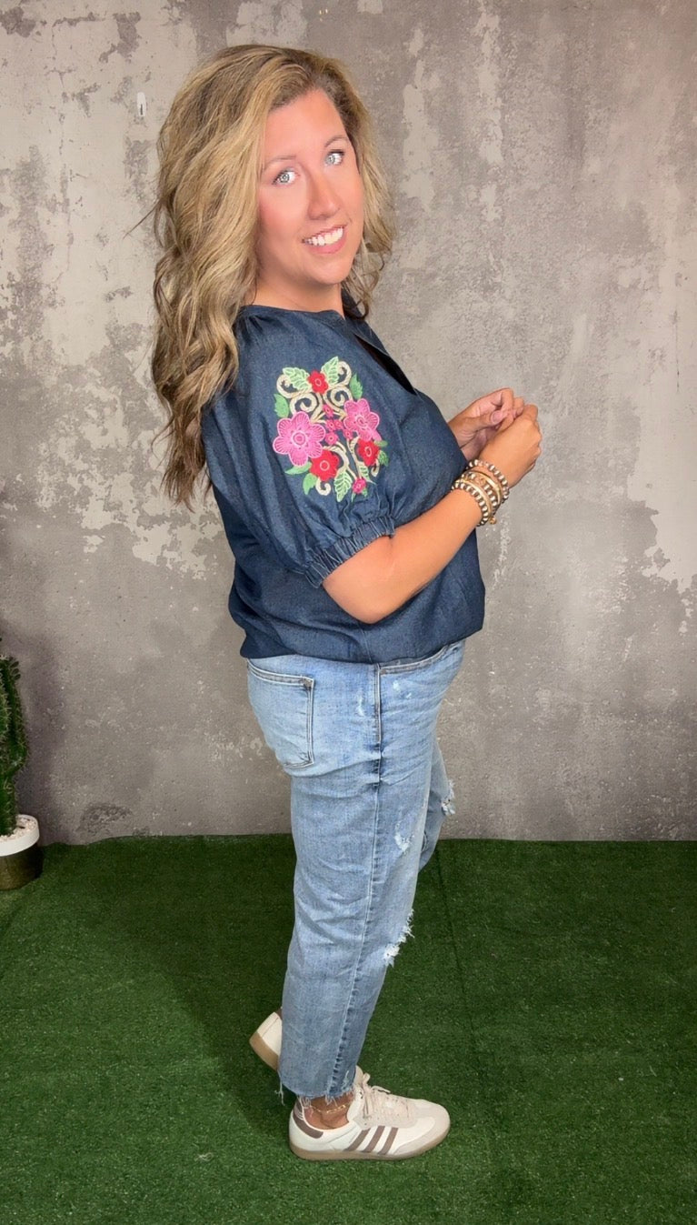 Denim Top with Embroidered Floral Sleeve