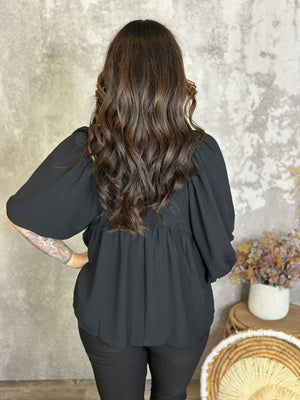 3/4 Sleeve Pleated Top  - Black (Small - 3X)